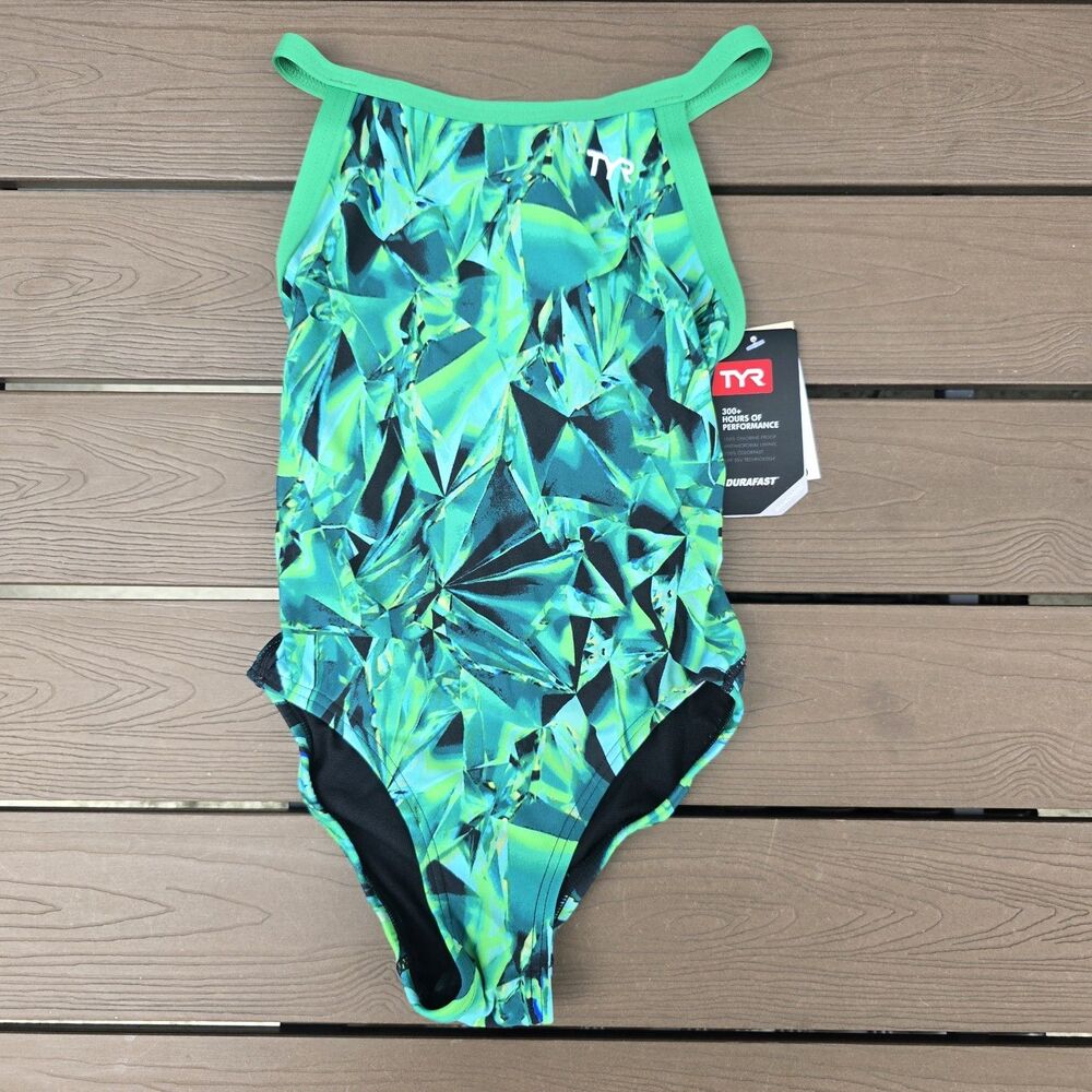 TYR Youth Girl's Durafast Green Crystallized Diamondfit One Piece Swim Sz 24 New